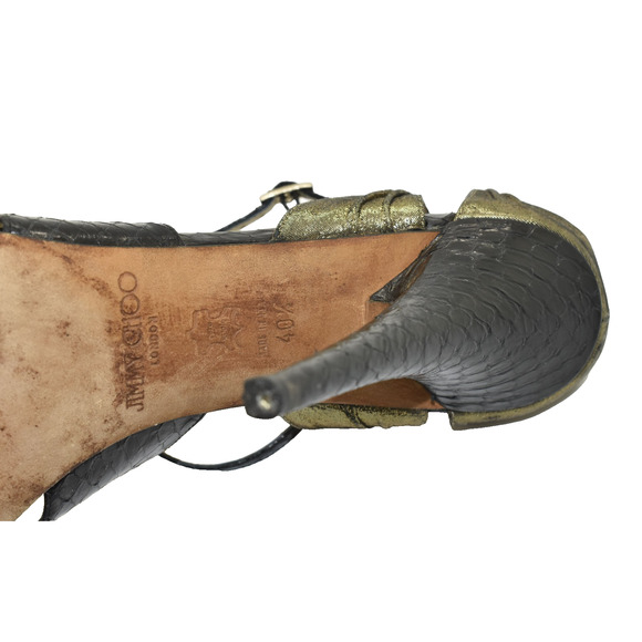 C0 Auth JIMMY CHOO Blk Python Leather Glitter Suede Strappy Sandal Heels Sz 40.5 - Picture 7 of 7